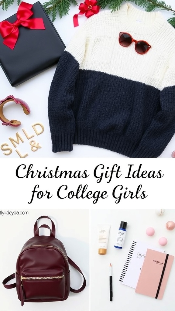 Flat lay of Christmas gifts for college girls including a sweater, backpack, skincare products, and planner.